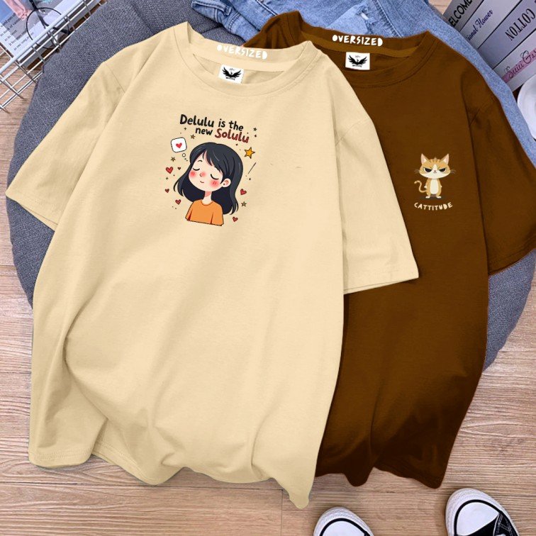 2 x Women Oversized T-shirts Combo (Delulu + Catitude)