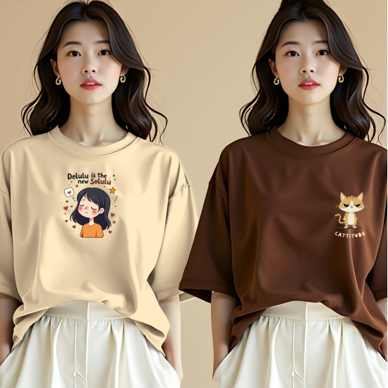 2 x Women Oversized T-shirts Combo (Delulu + Catitude)