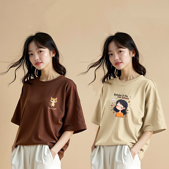 2 x Women Oversized T-shirts Combo (Delulu + Catitude)