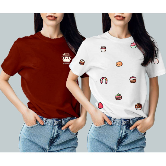 Pack of 2 Women Graphic Print Round Neck Cotton Blend Multicolor T-Shirt